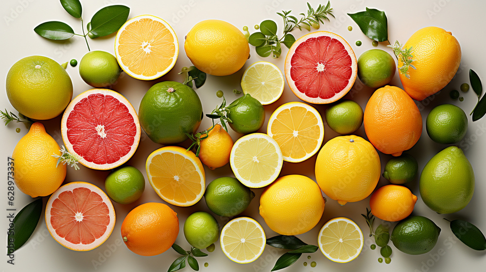 fresh oranges and leaves with green fruits on white background.generative ai fresh oranges and leaves with green fruits on white background.generative ai