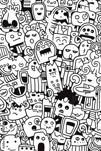 Illustration of coloring book doodle crowd cute alien monster Created with Generative AI technology.