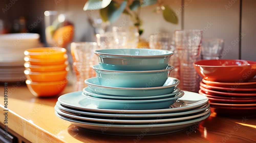 colorful tableware on the wooden shelf.generative ai colorful tableware on the wooden shelf.generative ai
