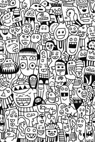 Illustration of coloring book doodle crowd cute alien monster Created with Generative AI technology.