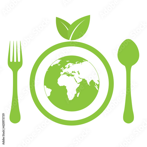 Illustration World Food Day.Globe on a plate with a spoon and fork on a white background.