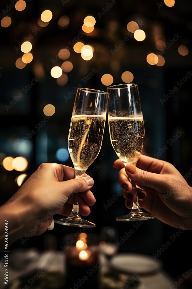 Two clinking glasses sparkling champagne wine in hands on bokeh lights blurred background, concept for holiday Christmas and New Year in restaurant and cafe collaborative Generative AI