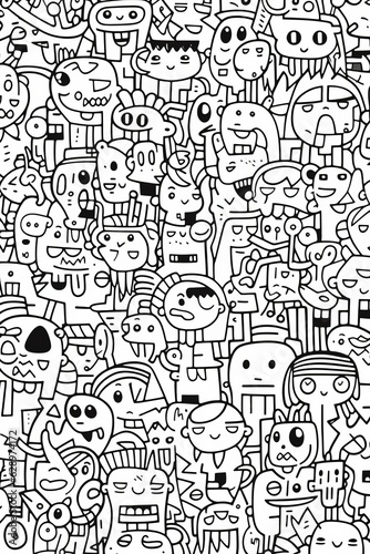 Illustration of coloring book doodle crowd cute alien monster Created with Generative AI technology.