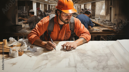 Architecture on top is in his hardhat using drawing paper, Generative ai image