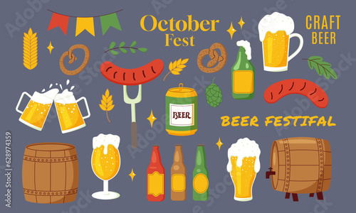 Beer Set flat style. Vector Illustration with lettering