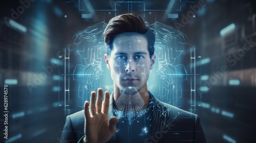 A customer using biometric authentication  such as fingerprint or facial recognition  to access their banking information  emphasizing the security enhancements enabled by AI