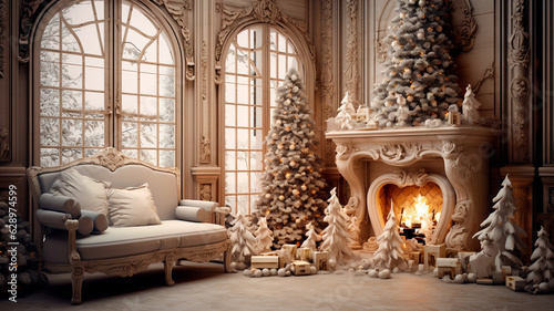 christmas interior design. christmas tree with gifts and candles on the background. Generative AI