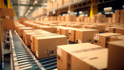 Cardboard boxes go on rails in a warehouse. Generative AI illustrator © Aram