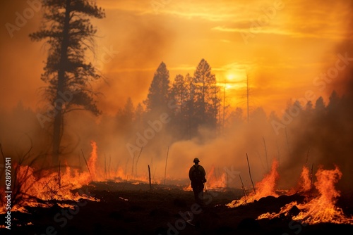 Firefighters on a forest fire. photo