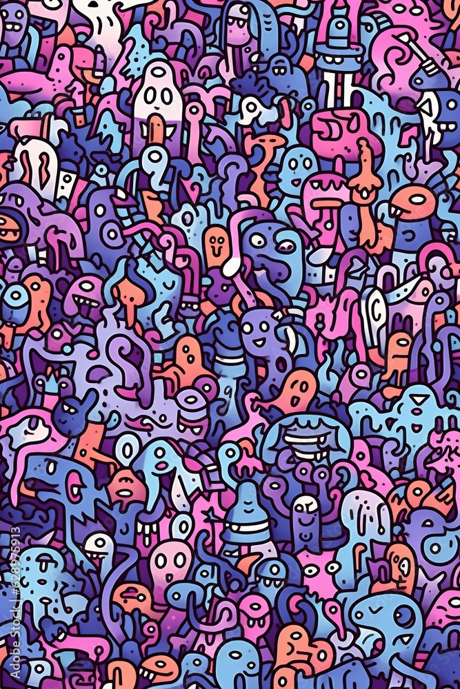 Naklejka premium Illustration of colorful doodle crowd cute alien and monster Created with Generative AI technology.