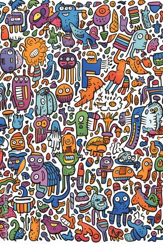 Illustration of colorful doodle crowd cute alien and monster Created with Generative AI technology.