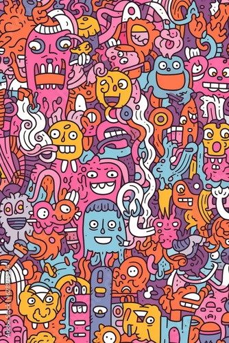 Illustration of colorful doodle crowd cute alien and monster Created with Generative AI technology.