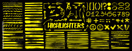 Highlighters markers in hand-drawn style. Numbers, underline, round, arrows, punctuation marks and sketch. Highlighters, hand drawn underline. Handwritten notes for text or school board. Vector set