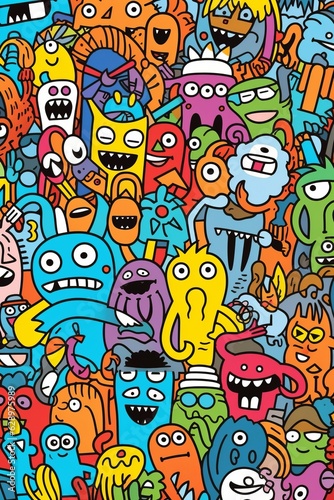 Illustration of colorful doodle crowd cute alien and monster Created with Generative AI technology. © Sakrapee Nopparat