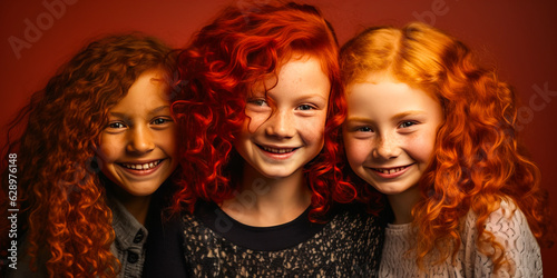Inspiring diverse redhead girls celebrating their shared hair color, each holding image of admired famous redhead woman, with deep red background. Generative AI