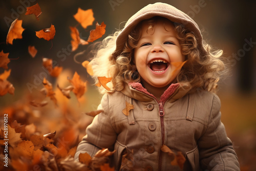 Little kid is playing and sitting in fallen leaves in autumn park. High quality photo