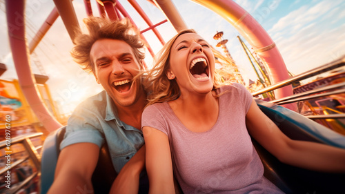 happy young couple enjoy roller coaster. Generative AI illustrator © Aram