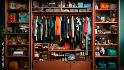 stylish interior of wardrobe with stylish clothes..generative ai