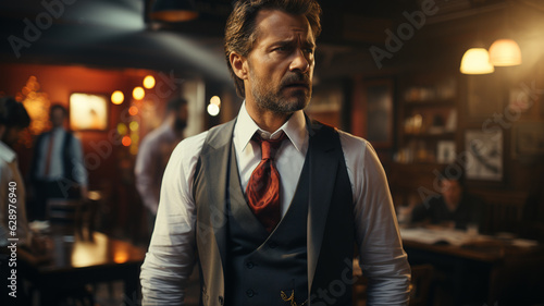 portrait of mature businessman in pub drinking beer.generative ai © S...