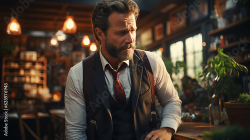 portrait of mature businessman in pub drinking beer.generative ai