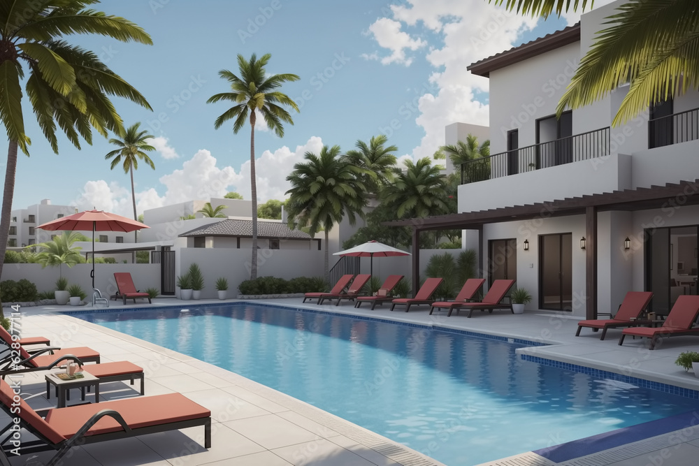 Modern Luxurious Villa with garden and swimming pool. Generative AI
