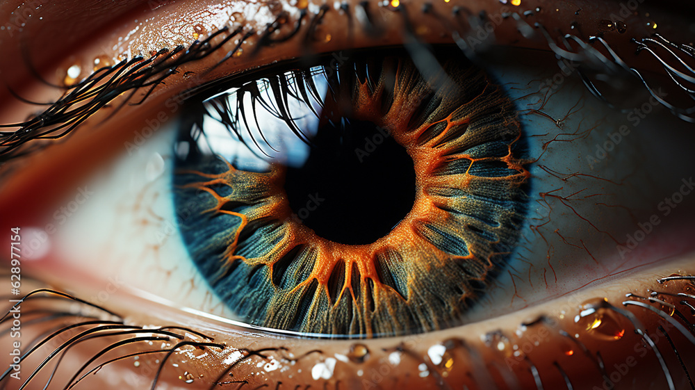 macro shot of human eye with colorful drops. macro photography. eye with macro..generative ai