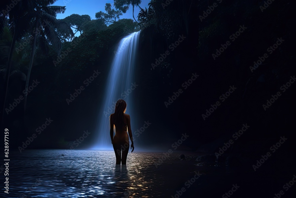 Fototapeta premium Waterfall bathed in the soft glow of moonlight silhouette of a bathing woman. Generative AI