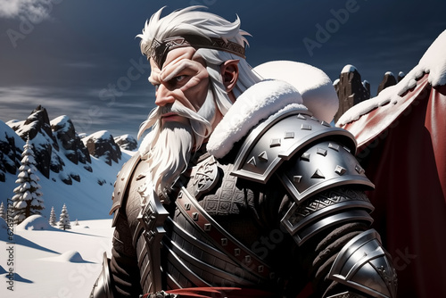 Angry viking in armor on snow background. Generative AI