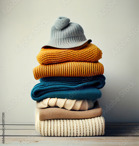 stack of warm knitted folded clothes on a wooden surface against a light gray wall