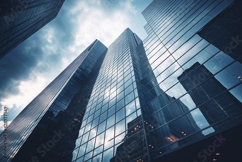 Reflective skyscrapers  business office buildings. Low angle photography of glass curtain wall details of high-rise buildings.The window glass reflects the blue sky and white clouds. High quality