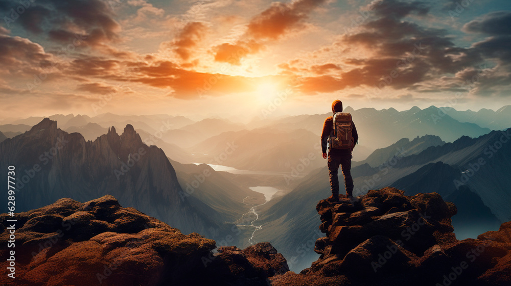 young man on top with beautiful sunset in the mountains, travel background. Generative AI