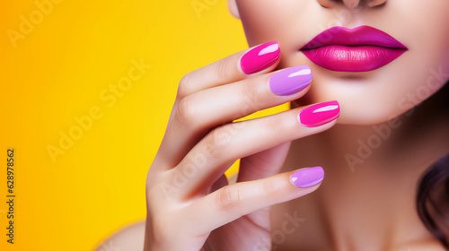 Colorful Nail tech Portrait banner with empty space on the side for text. Generative AI