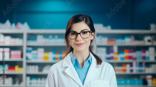 Colorful pharmacist Portrait banner with empty space on the side for text. Generative AI