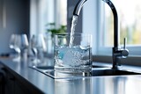 Clear Water Flowing from Kitchen Tap into Glass. AI
