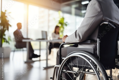 Close-up of Disabled Man in Office on Wheelchair. AI