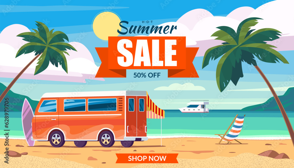 Hot summer sale banner on tropical landscape with sea, sandy beach, palm trees, blue sky, camper van, deck chair, surfboard, yacht. Special discount, best offer template. Vector illustration.