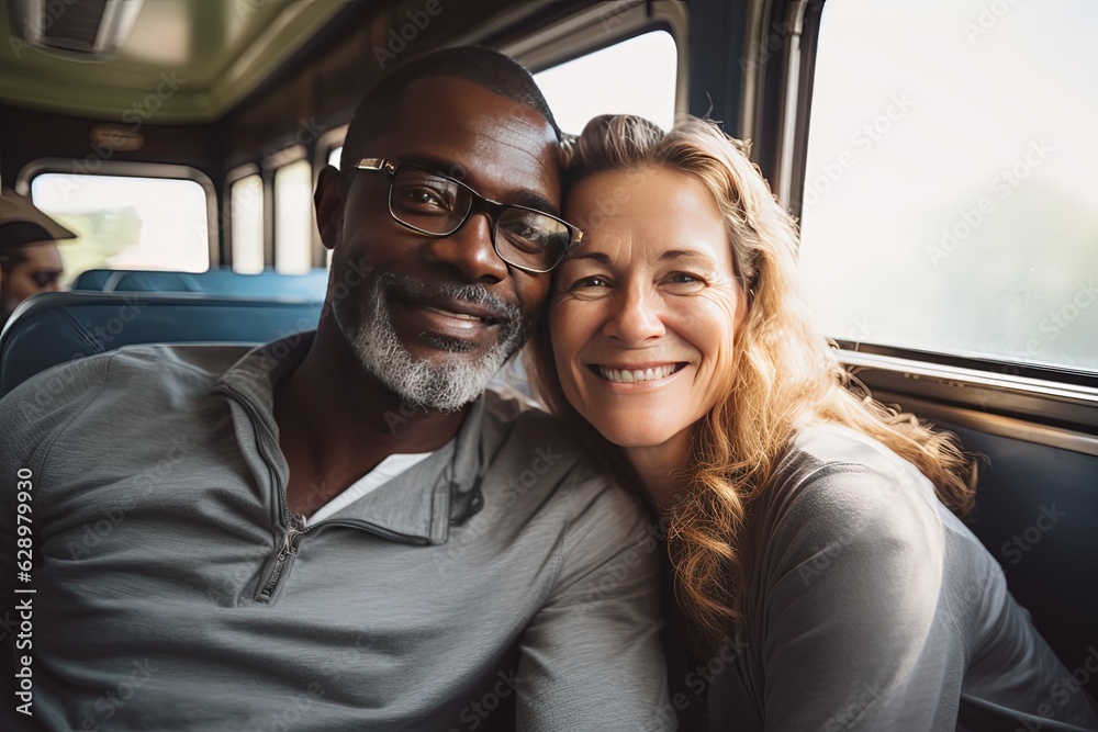 Loving middle aged couple travel together. A middle-aged couple rides a train, smiling thoughtfully, enjoy each other.