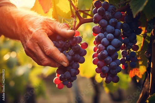 Male Farmer's Hands Harvesting Grapes. AI