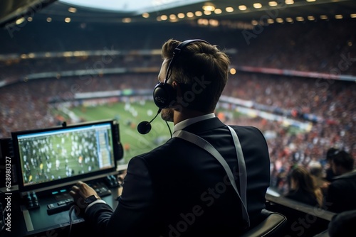 Back View of World Cup Final Football Match Commentator. AI photo