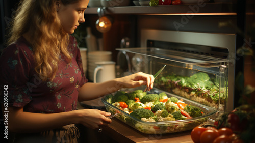 woman holding bowl of fresh vegetable salad on table.generative ai