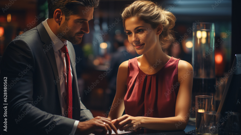 young couple with glass of wine in restaurant.generative ai