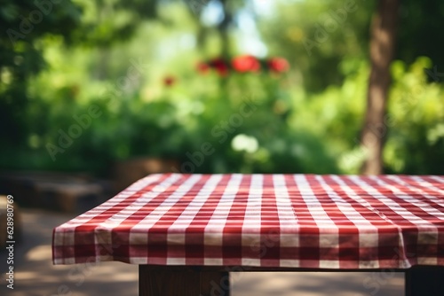 Fototapete Red Checked Tablecloth on Wooden Background with Green Courtyard Blur