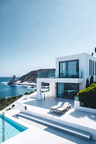 Modern villa with terrace. Minimalist style. AI generated illustration © vector_master