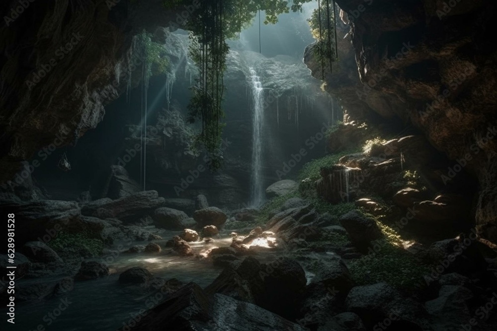 An enchanting waterfall flowing in a mystical cave with captivating lighting. Generative AI