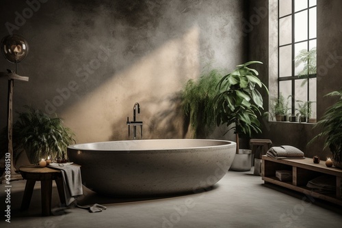 Minimal boho Med concrete bath w  tub   sink. Generative AI