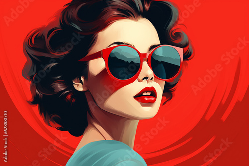 Beaut  fashion and style concept. Retro style fashion woman wearing trendy sunglasses portrait illustration. Illustrative minimalistic design. Pin up girl fashion style. Generative AI
