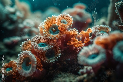 Vibrant Xmas tree worms among vibrant coral and reef. Generative AI