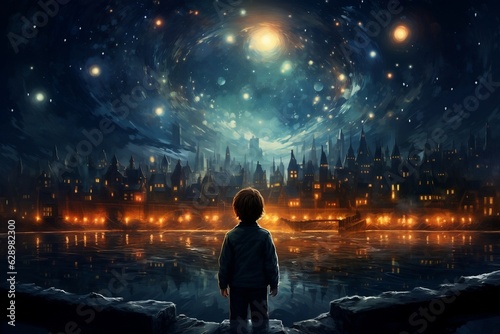 Young Astronomer Gazing at the Starry Night Sky - Rear View. AI