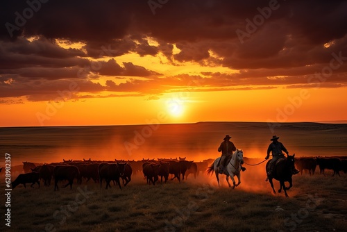 Silhouettes of men on horseback in the sun at sunset. Two cowboys during the herding of the herd.