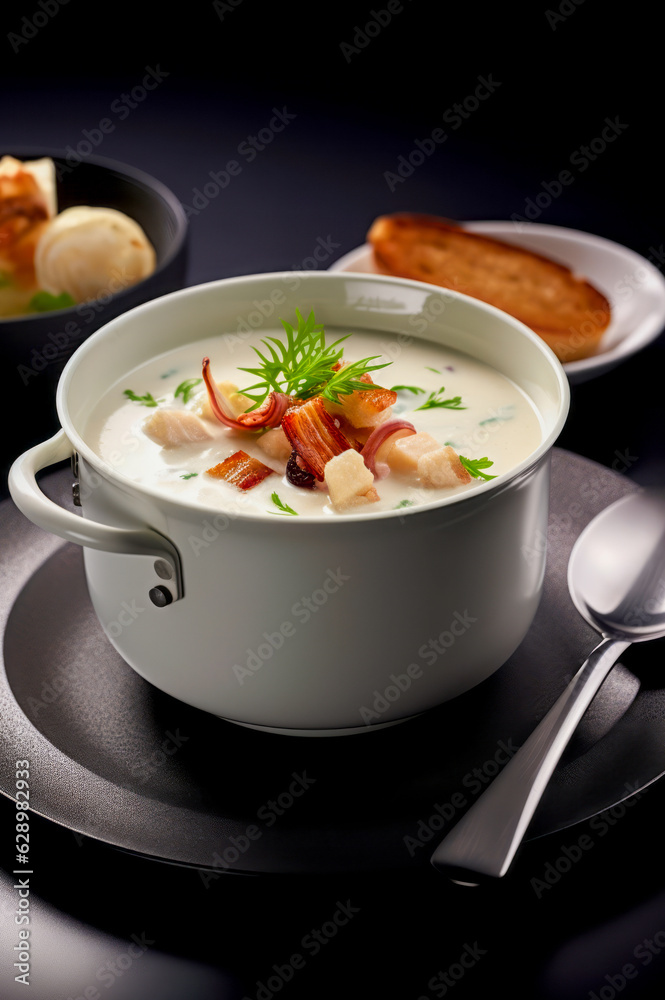 Creamy Seafood Chowder with fish, potatoes, onions, bacon, and cream in a white small pot captured in a close-up vertical view. Creamy Seafood Chowder with fish, potatoes, onions, bacon, and cream in a white small pot captured in a close-up vertical view.